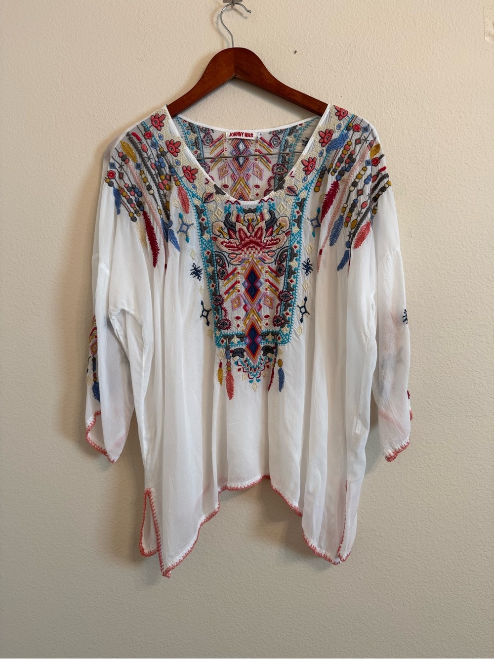 Johnny Was White Embroidered Peasant Blouse with Multicolor Accents